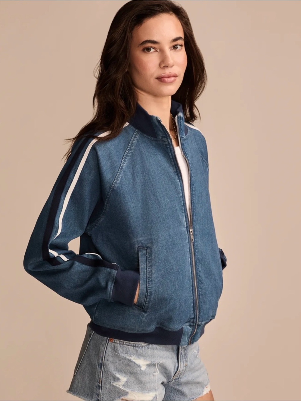 Lucky Brand Denim Bomber Jacket with Navy and White Stripes